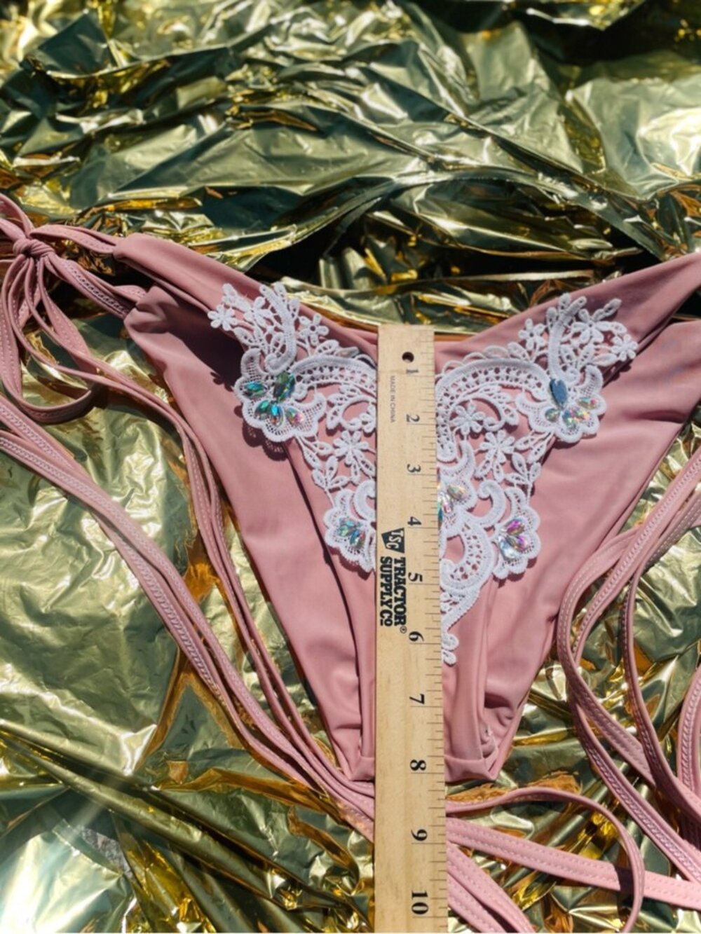 ZAFUL | L | Crochet Panel Rhinestone String Bikini Pink Beige White Bottoms - Picture 5 of 15